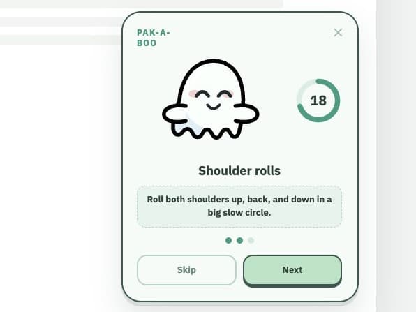 Pak-a-boo's break card open on a web page — the ghost, an 18-second countdown, and a “Shoulder rolls” stretch step